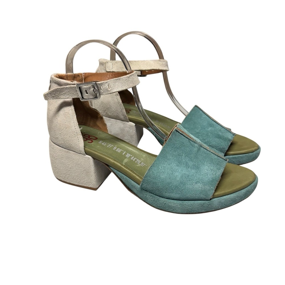 A.S.98 Crue Nubuck Suede Leather Sandals Sz 40 Block Heel Emerald Ice Blue
